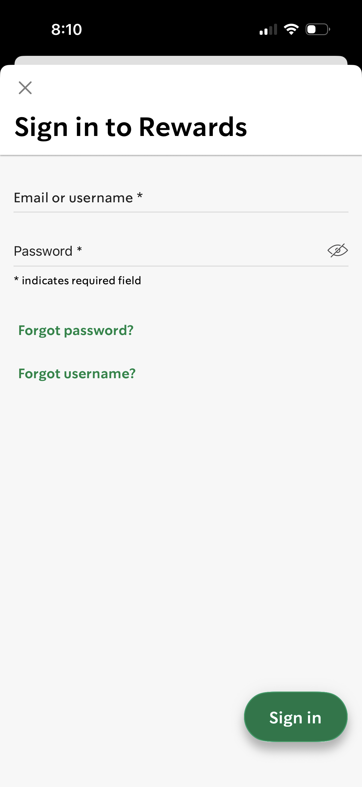 starbucks login screenshot